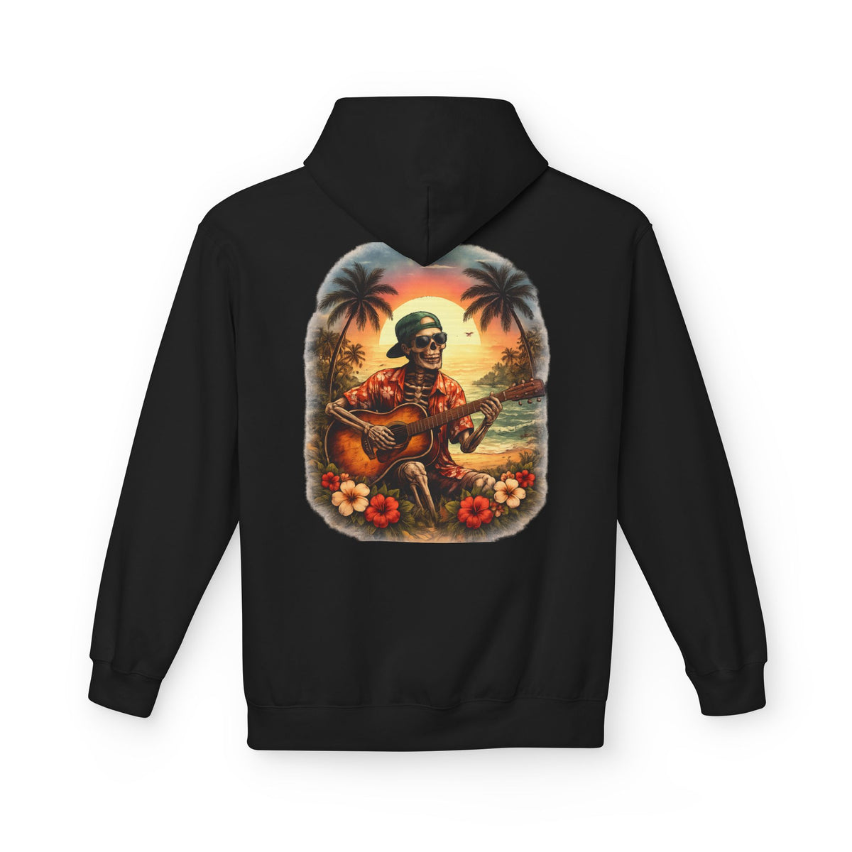 Hawaiian Skeleton Guitar Hoodie — Sunset Palm Vintage Rock Pullover