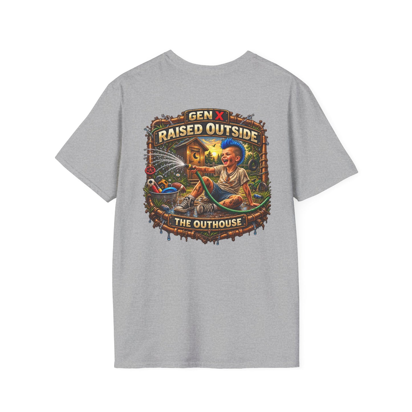 Raised Outside Outhouse Tee — Gen X Retro Outdoor Humor T-Shirt