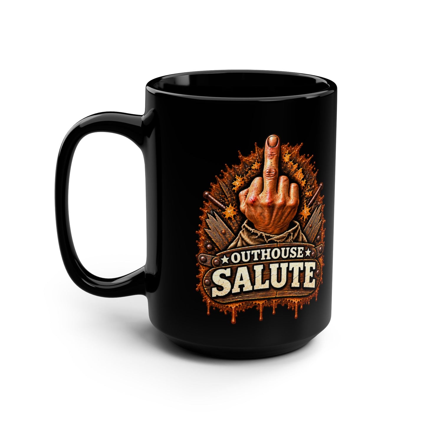 Outhouse Salute 15oz Black Mug — Funny Gen X Middle Finger Coffee Cup