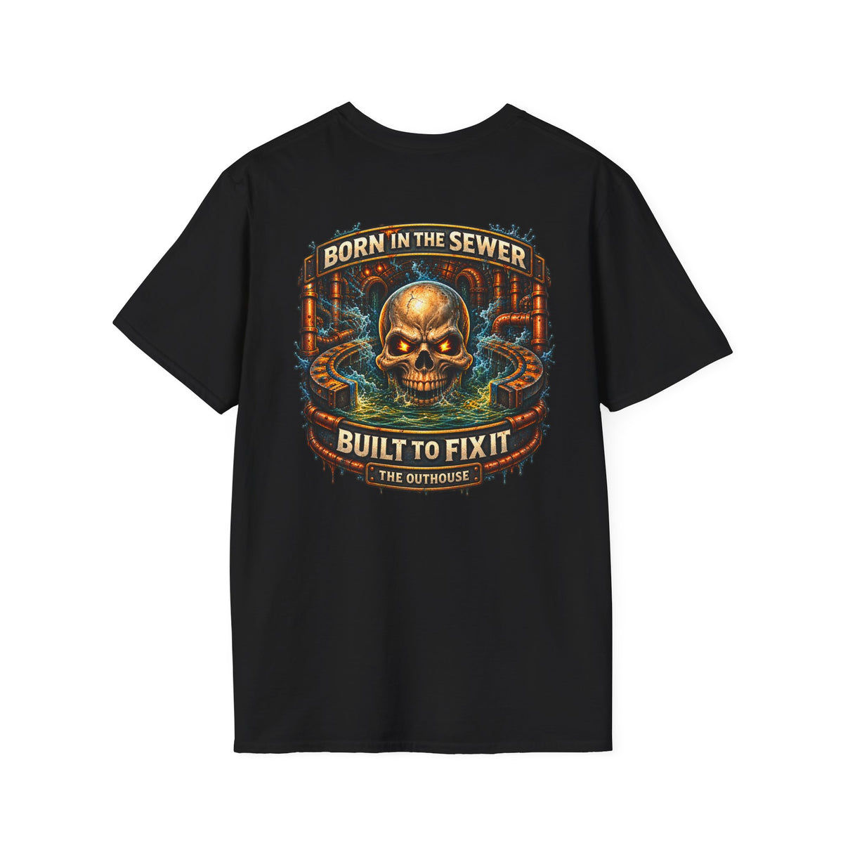 Plumber Skull T-Shirt — "Born in the Sewer, Built to Fix It" Vintage Repair Tee