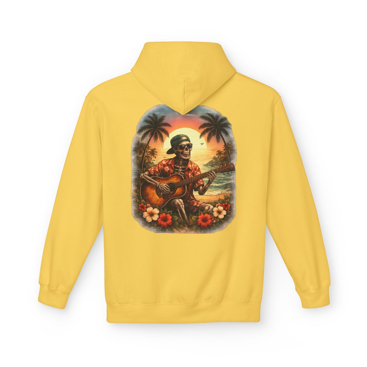 Hawaiian Skeleton Guitar Hoodie — Sunset Palm Vintage Rock Pullover