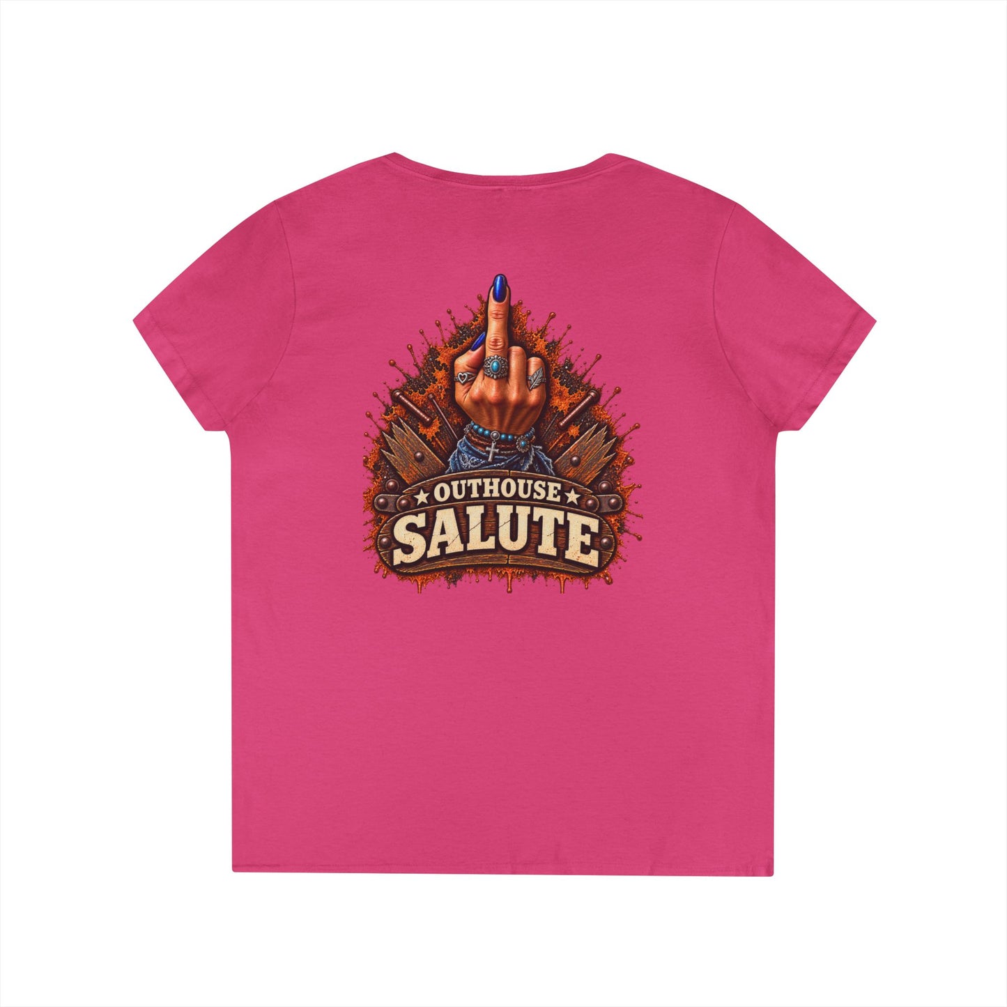 Outhouse Salute V-Neck Tee — Bold Back Graphic Ladies' T-Shirt