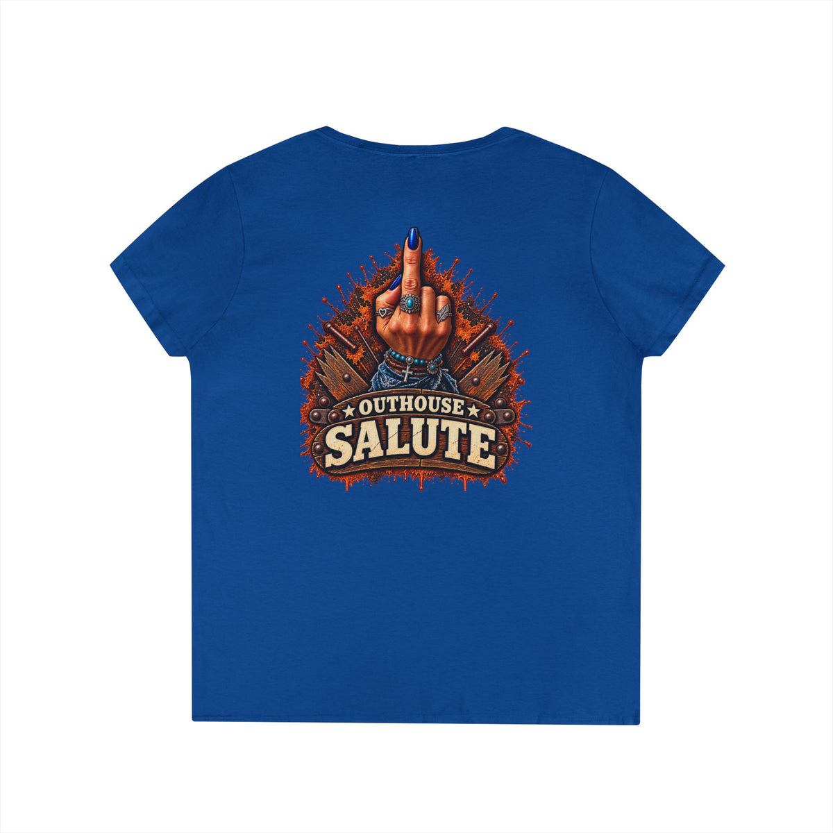 Outhouse Salute V-Neck Tee — Bold Back Graphic Ladies' T-Shirt