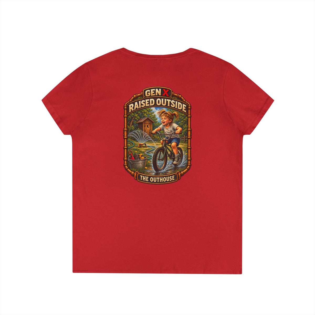 Gen X Raised Outside V‑Neck Tee — "Raised Outside" Retro Bike Graphic