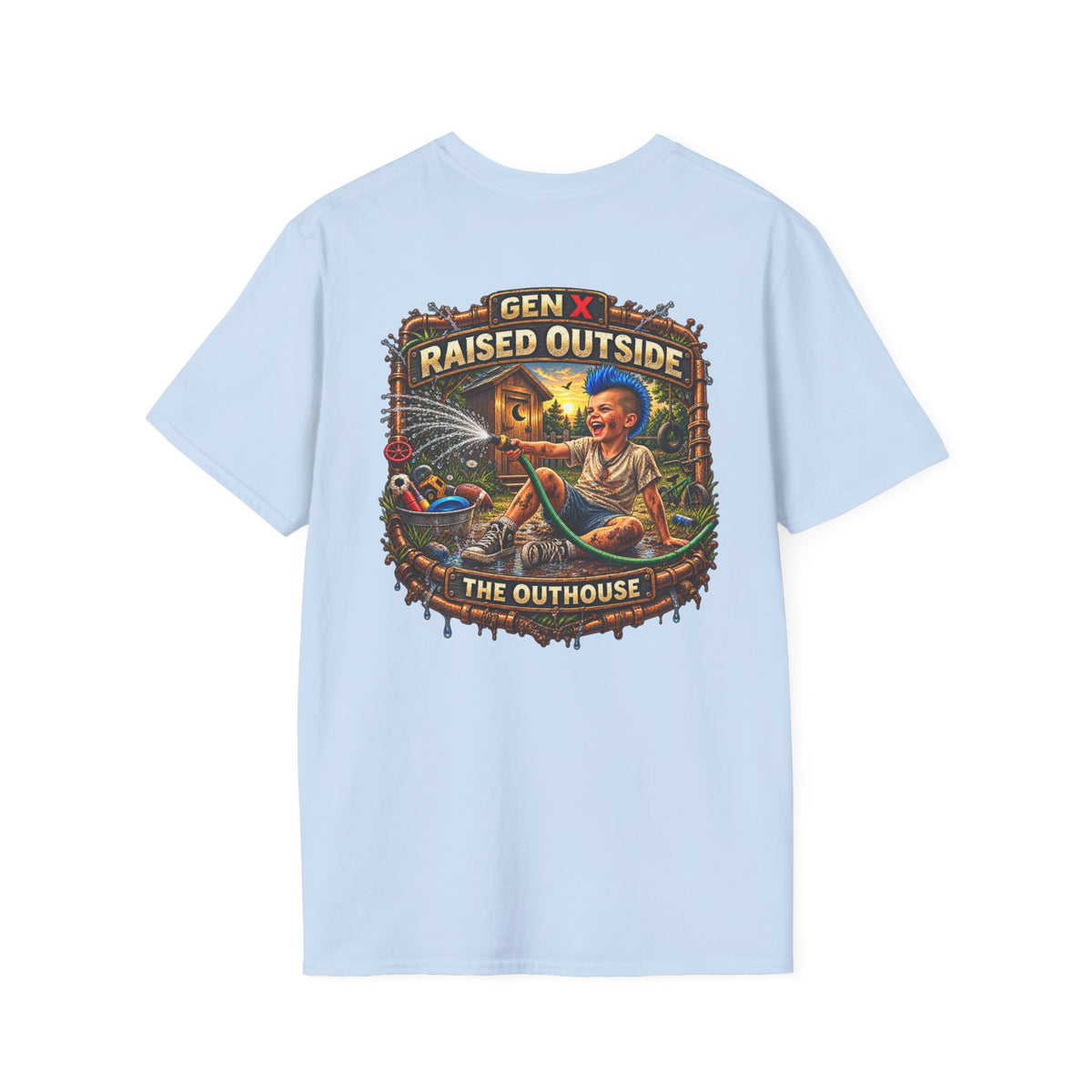 Raised Outside Outhouse Tee — Gen X Retro Outdoor Humor T-Shirt