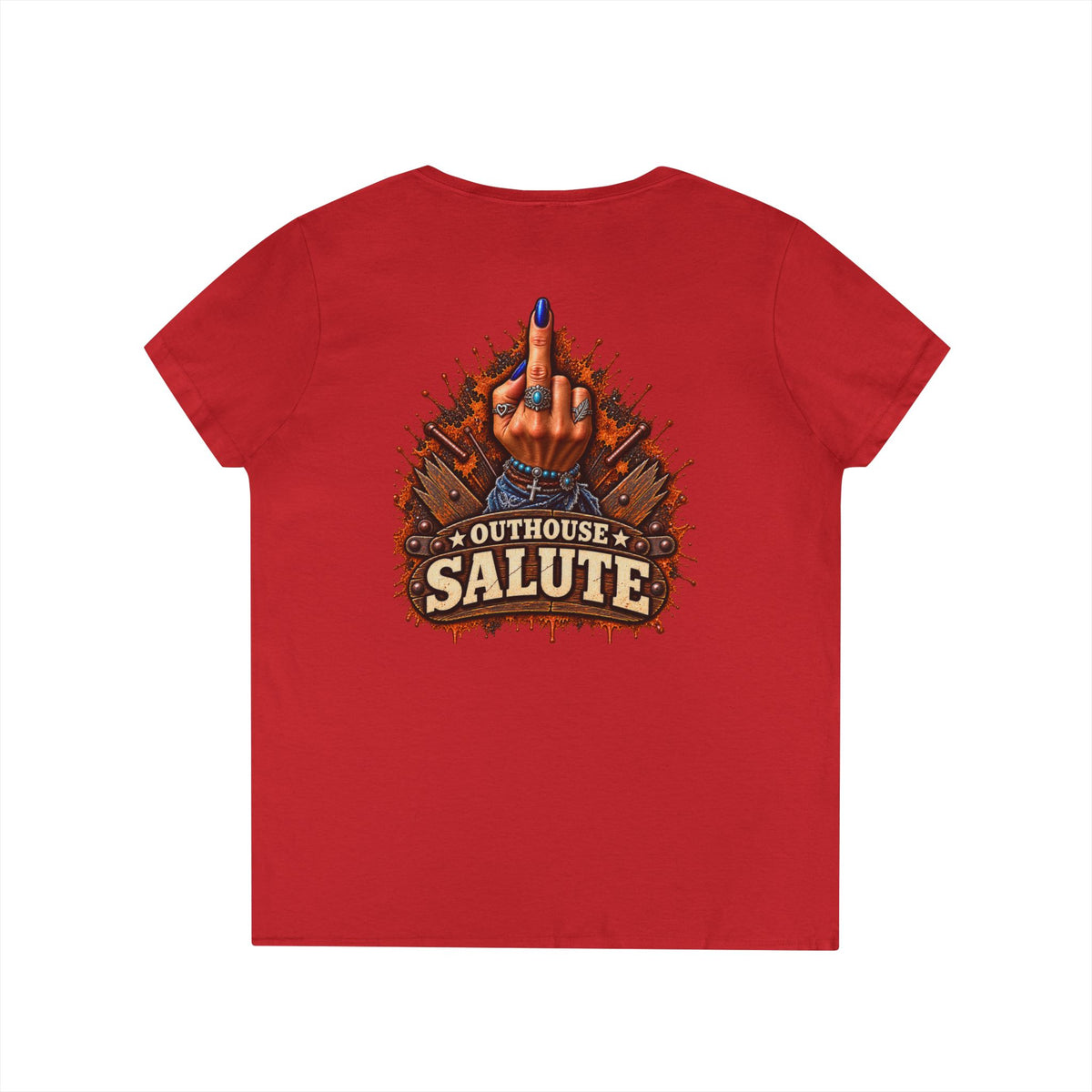 Outhouse Salute V-Neck Tee — Bold Back Graphic Ladies' T-Shirt