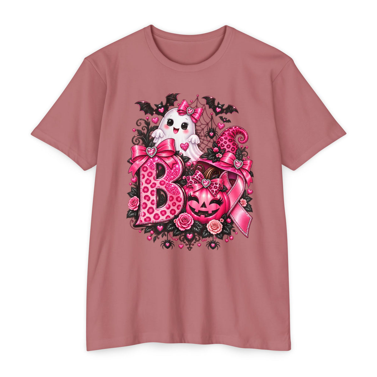 Pink Halloween Boo T-Shirt – Cute Ghost Pumpkin Pink Ribbon Spooky Tee for Women