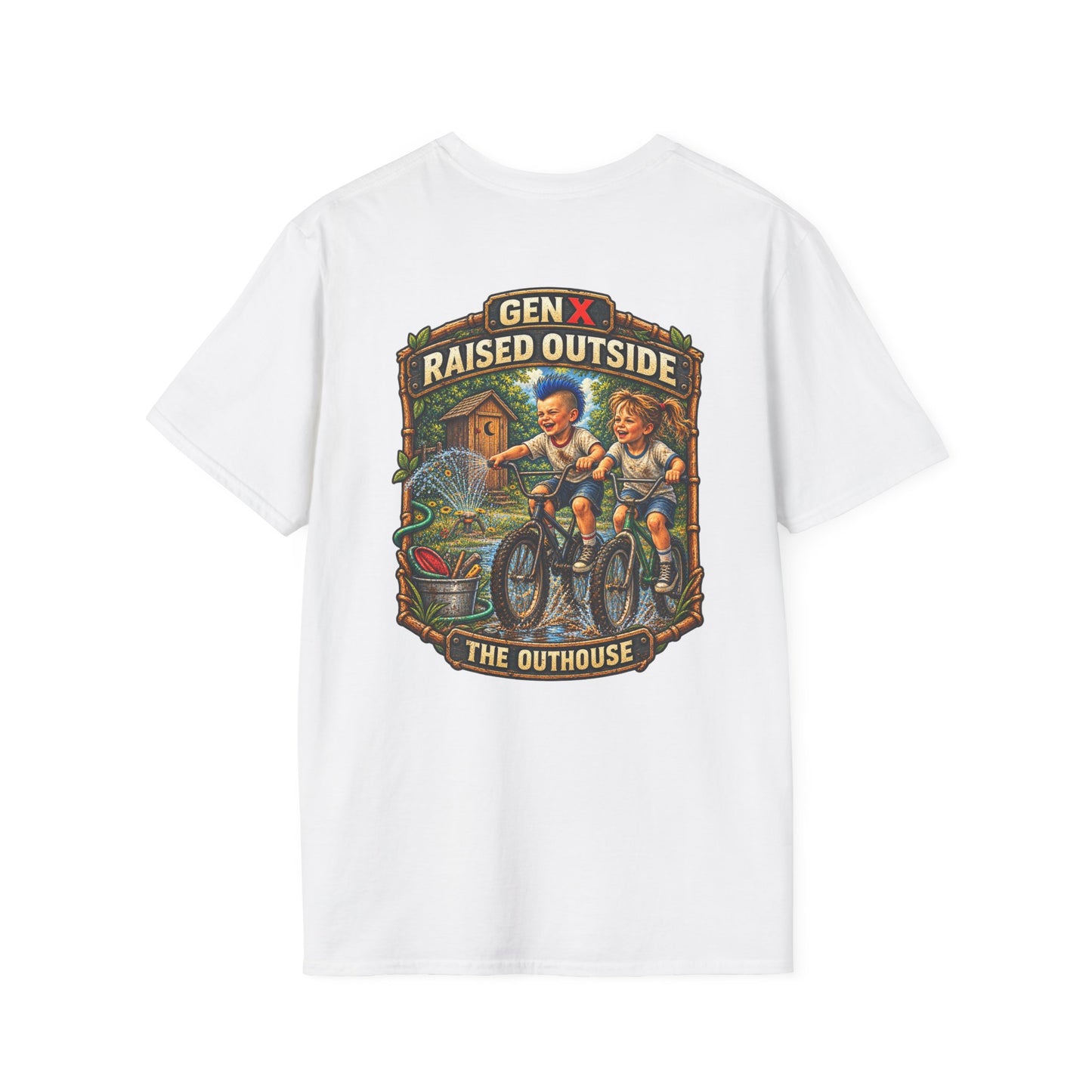 Gen X "Raised Outside" T-Shirt — Retro Outhouse Vintage Graphic Tee