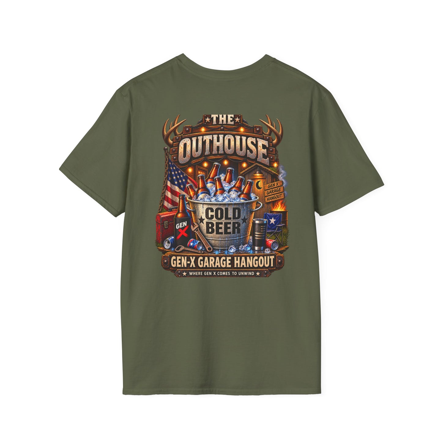The Outhouse Cold Beer T-Shirt — Gen‑X Garage Hangout Graphic Tee