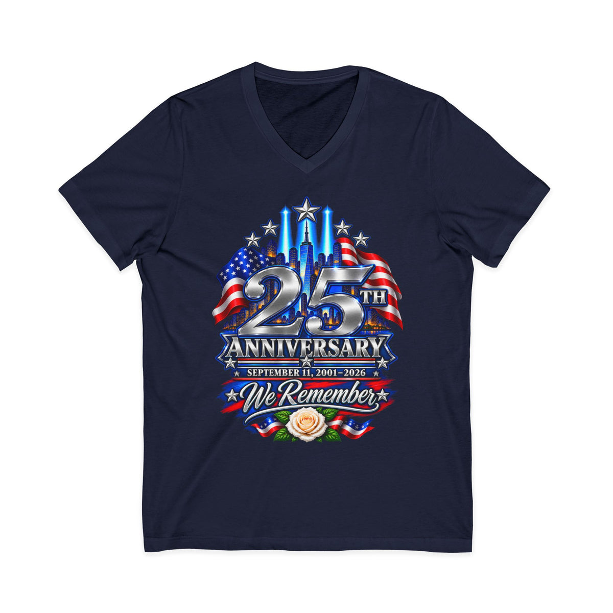 September 11 25th Anniversary Women’s V-Neck Tee — We Remember 2001–2026