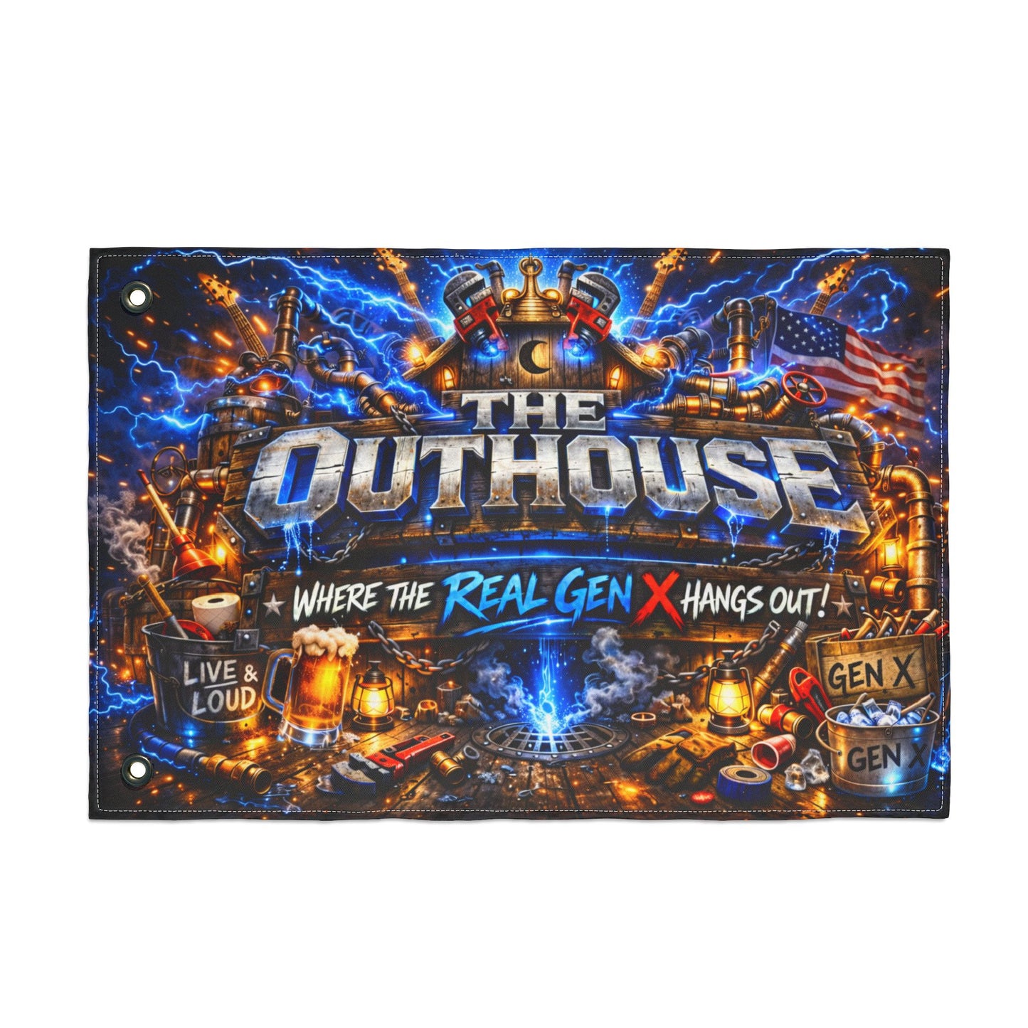 The OutHouse Gen X Flag | Where the Real Gen X Hangs Out | Built Different Garage & Man Cave Decor
