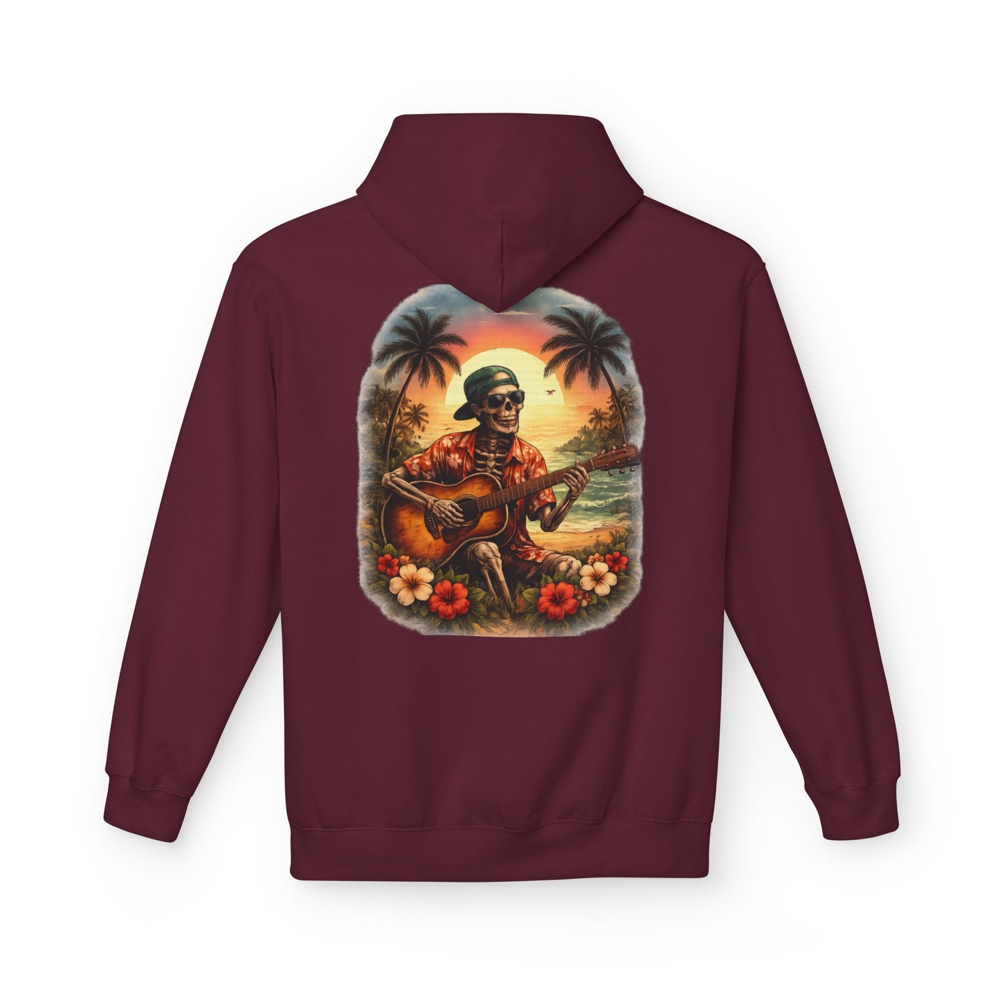 Hawaiian Skeleton Guitar Hoodie — Sunset Palm Vintage Rock Pullover
