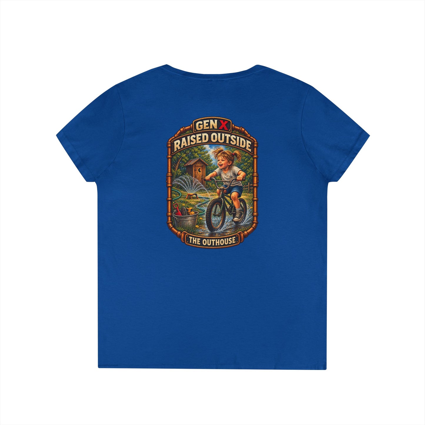 Gen X Raised Outside V‑Neck Tee — "Raised Outside" Retro Bike Graphic