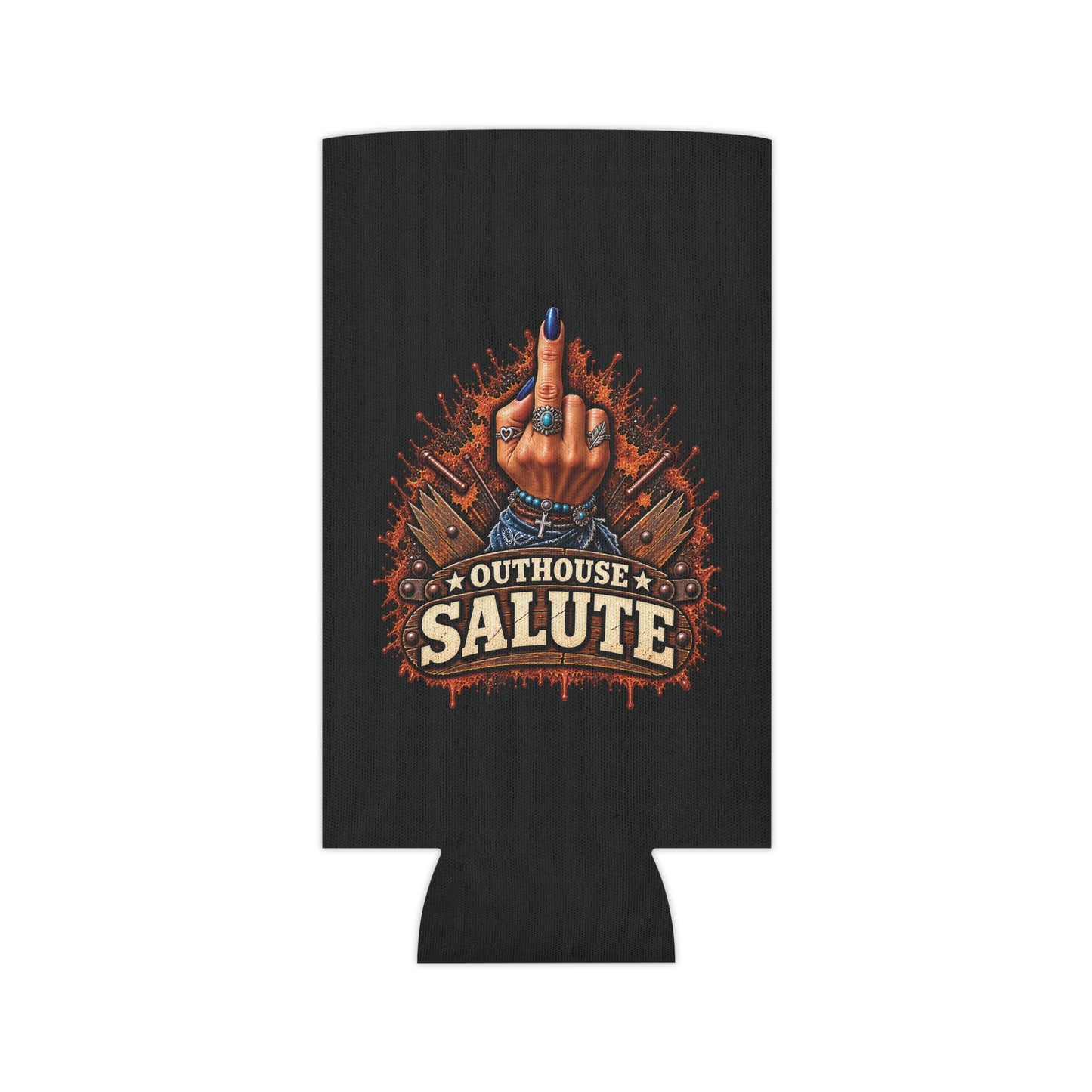 Outhouse Salute Women’s Can Cooler — Funny Gen X Neoprene Koozie