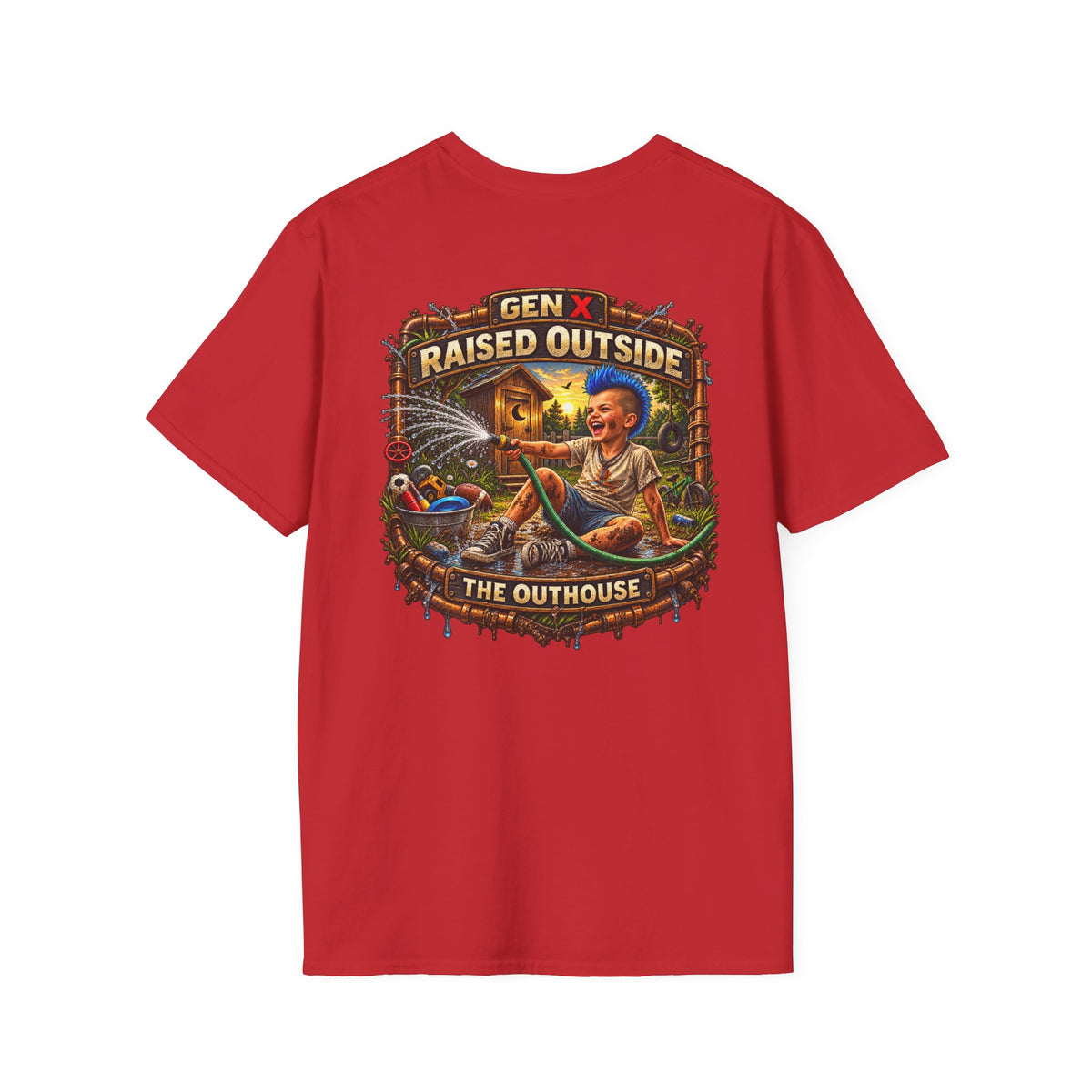 Raised Outside Outhouse Tee — Gen X Retro Outdoor Humor T-Shirt