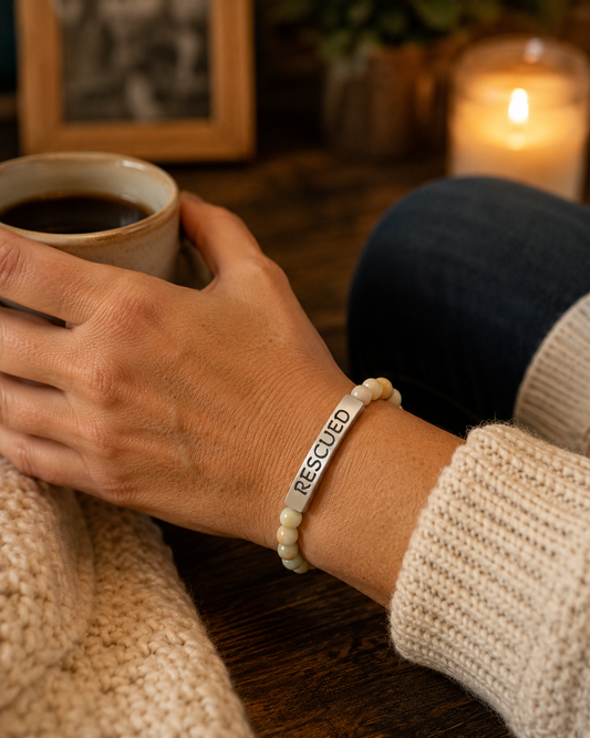 Rescued Engraved Natural Stone Bar Bracelet — Stretch Beaded Healing Jewelry