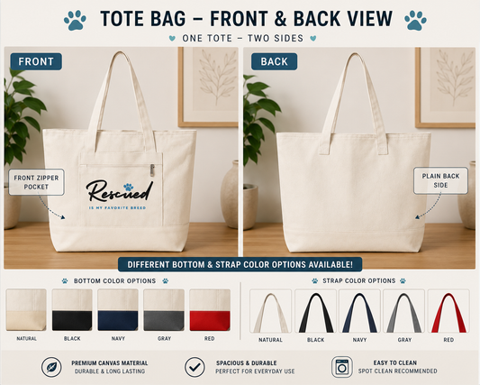 Canvas Tote Bag – "Rescued is My Favorite Breed" Zippered Reusable Shopper