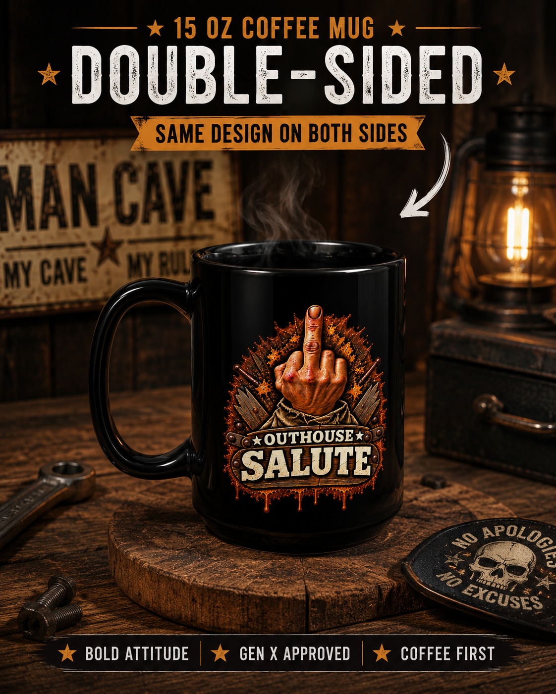 Outhouse Salute 15oz Black Mug — Funny Gen X Middle Finger Coffee Cup