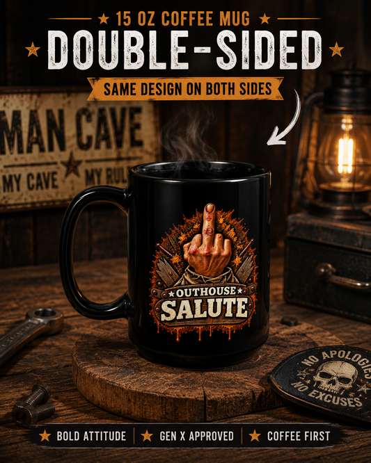 Outhouse Salute 15oz Black Mug — Funny Gen X Middle Finger Coffee Cup