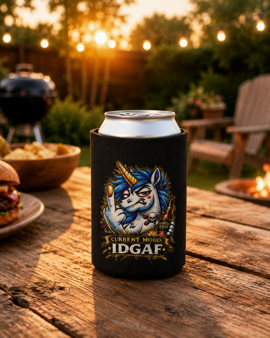 Current Mood IDGAF Can Cooler — Funny Gen X Unicorn Neoprene Koozi