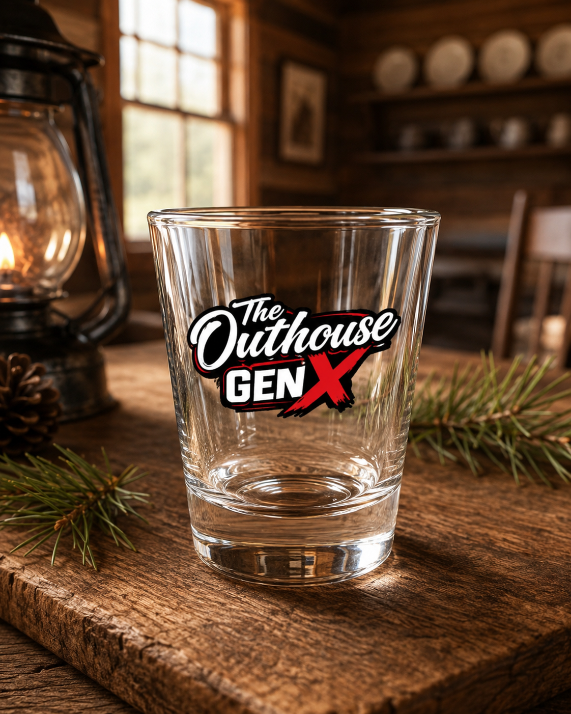 The Outhouse Gen X Shot Glass — 1.5oz Retro Logo Shooter