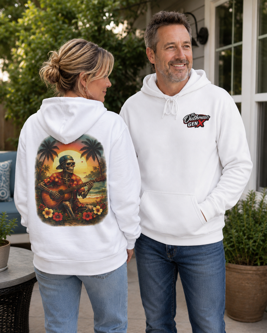 Hawaiian Skeleton Guitar Hoodie — Sunset Palm Vintage Rock Pullover