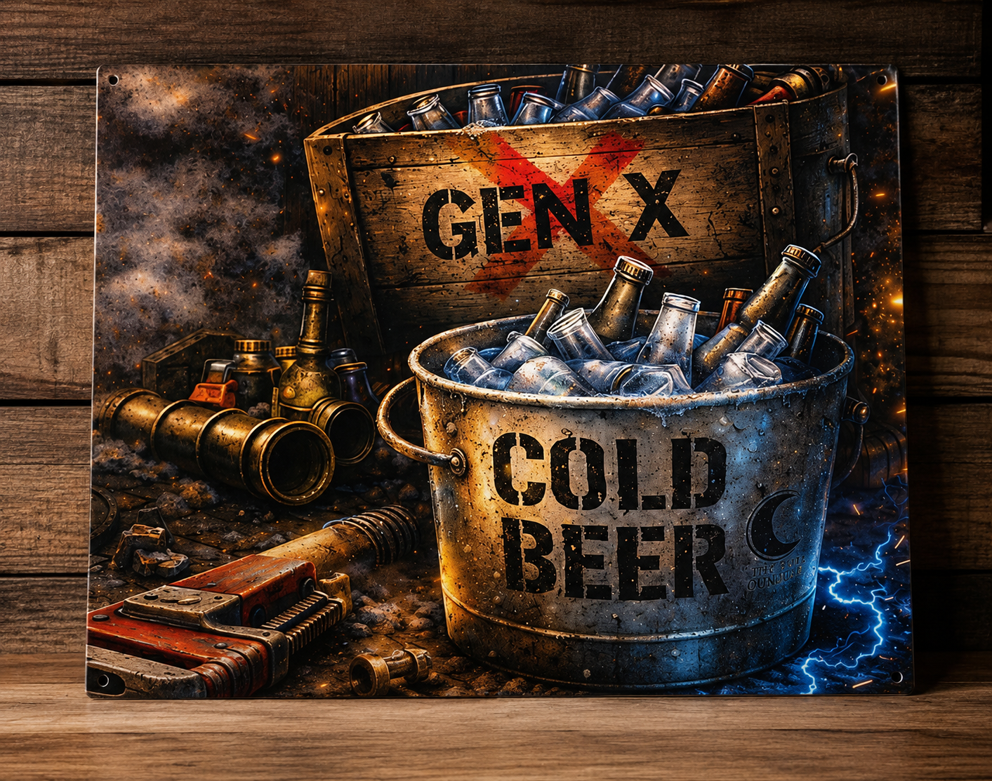 Cold Beer Bucket Poster – 'GEN X' Rustic Bar Decor Satin Print
