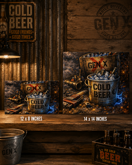 Cold Beer Bucket Poster – 'GEN X' Rustic Bar Decor Satin Print