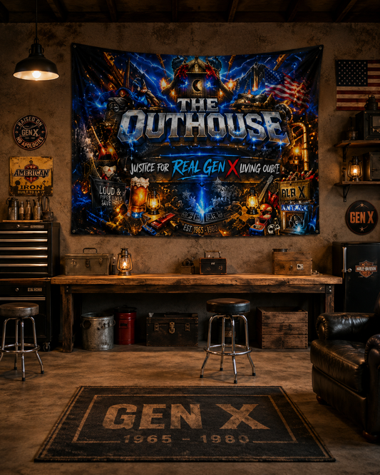 The OutHouse Gen X Flag | Where the Real Gen X Hangs Out | Built Different Garage & Man Cave Decor