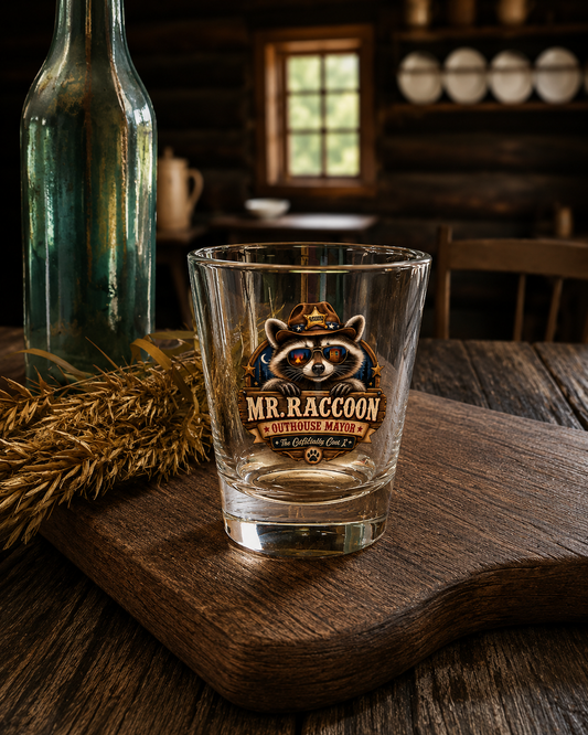 Mr. Raccoon Outhouse Mayor Shot Glass — Funny Gen X Novelty Shooter
