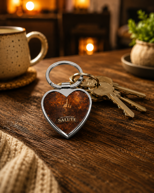 Outhouse Salute Heart Keychain — Funny Heart-Shaped Keyring with Salute Graphic