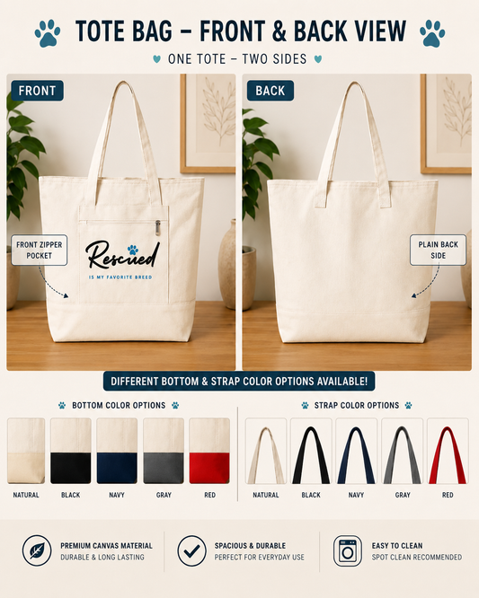 Canvas Tote Bag – "Rescued is My Favorite Breed" Zippered Reusable Shopper